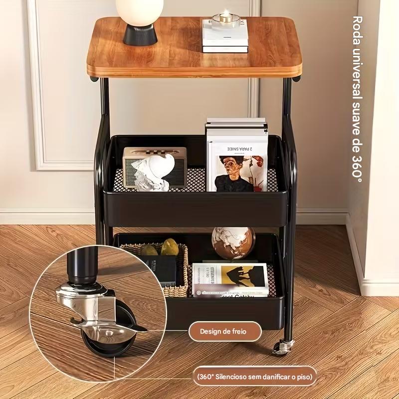 Carrinho de três níveis com tampo, utensílios de metal e suporte para lanches