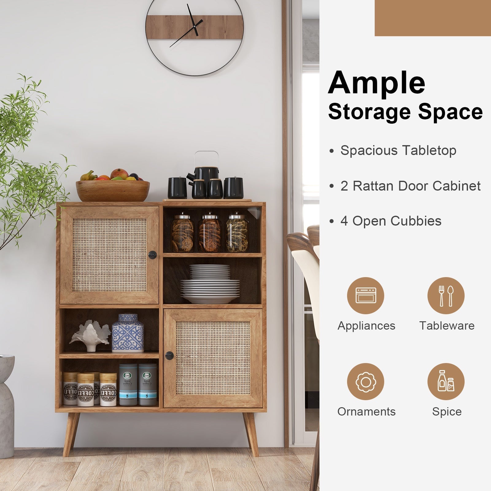 Armário de Armazenamento Lateral de Madeira com 2 Portas de Vime e 2 cubos